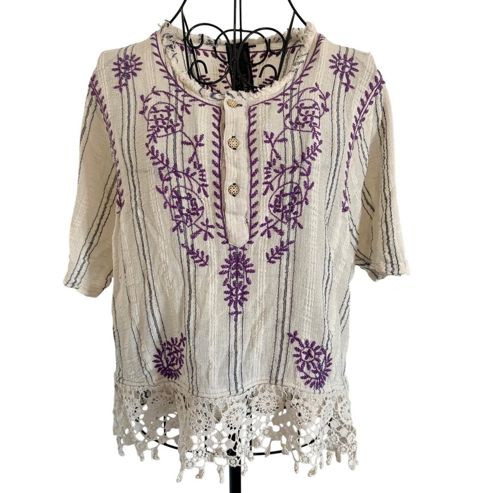 Free People New Romantics Embroidered Lace Gauzy Peasant Blouse Top Hippie Retro